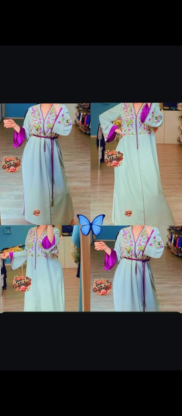 Kaftán Verde Menta con Bordado Floral y Forro Fucsia – Secrets de Mujer